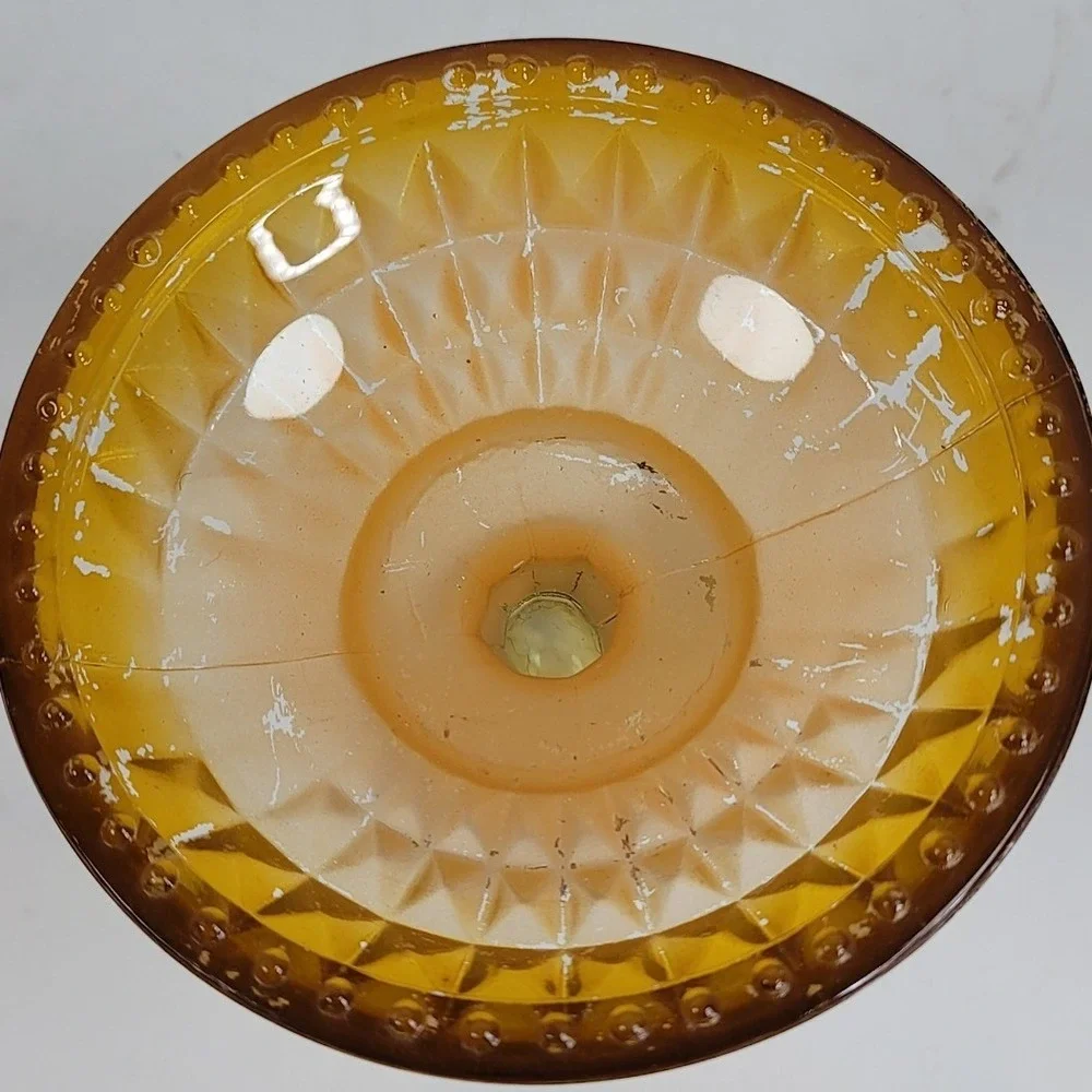 Vintage Amber Glass Pedestal Compote Dish Beaded Rim Diamond Cut Candy Bowl 4.5